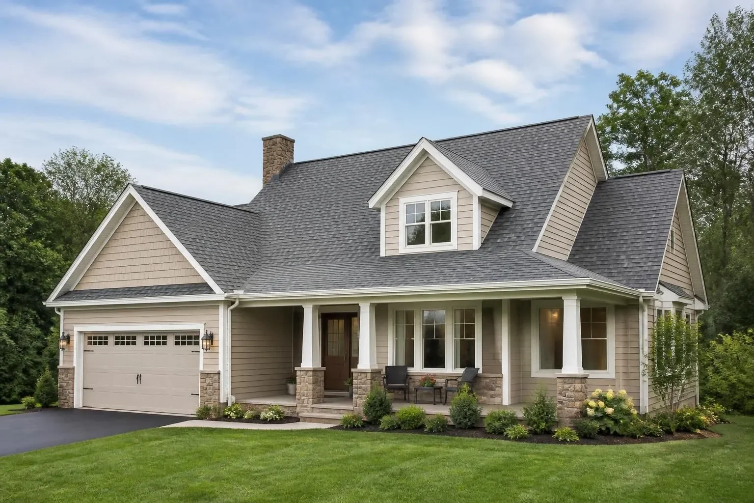 A two-story home with a new asphalt shingle roof